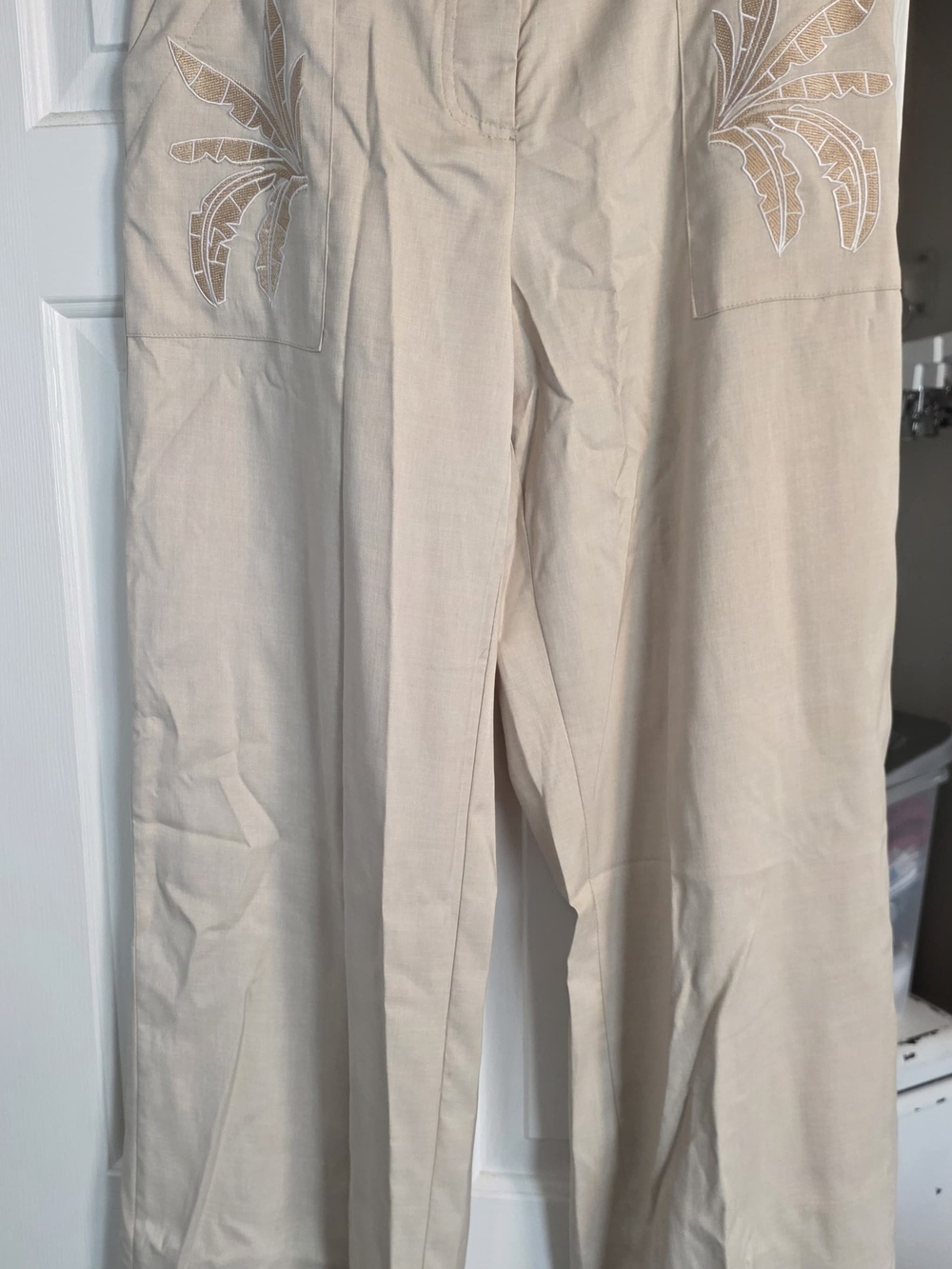 Beige Linen Wide-Leg Embroidered Pants And Top Top Has A Small Spot